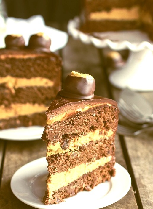 Ultimate Triple Layer Chocolate Bourbon Peanut Butter Buckeye Cake