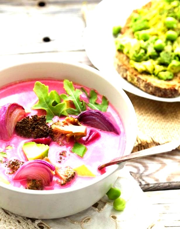 Pink Soup with Roasted Onions and Broccoli